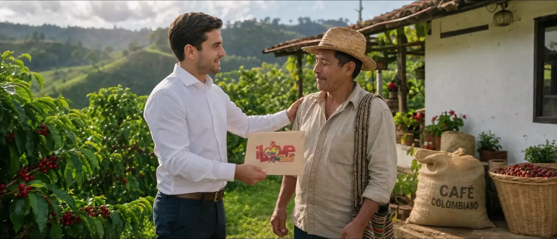 Caficultores colombianos recogiendo café, transportándolo y compartiendo una taza en la finca
