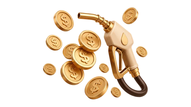 Pistola de combustible rodeada de monedas